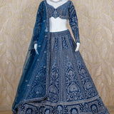 Akira Peacock Blue Velvet Lehenga Set